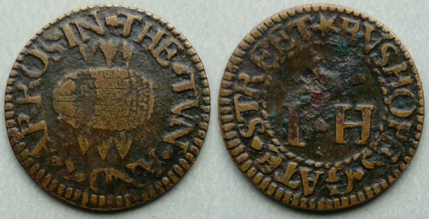 Bishopsgate Street, I S (H) THE TVN AND 3 ARROS farthing Bishopsgate Street, I S (H) THE TVN AND 3 ARROS farthing